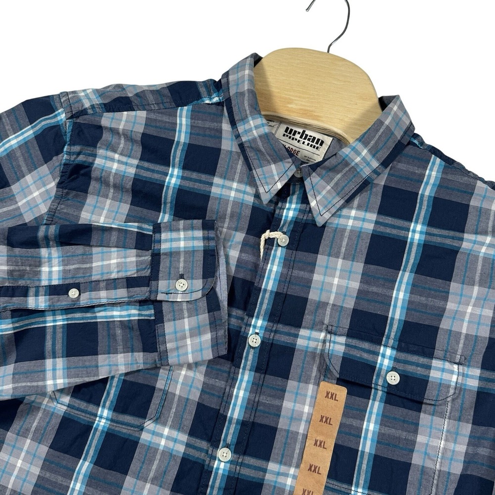 Urban Pipeline Plaid Button Down Shirt Mens XXL Blue Grey Long Sleeve Cotton NWT